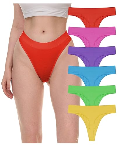Sexy Basics Women's Active Sport Thongs | Cotton Hi Waist Underwear - Multi Packs - 6 Pack- Neon Solids - X-Large