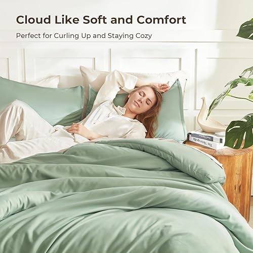 Miniatura 2 de Litanika - Juego de edredón de tamaño queen extragrande, 3 piezas, color verde salvia, ligero, unicolor, para todas las estaciones, esponjoso Verde