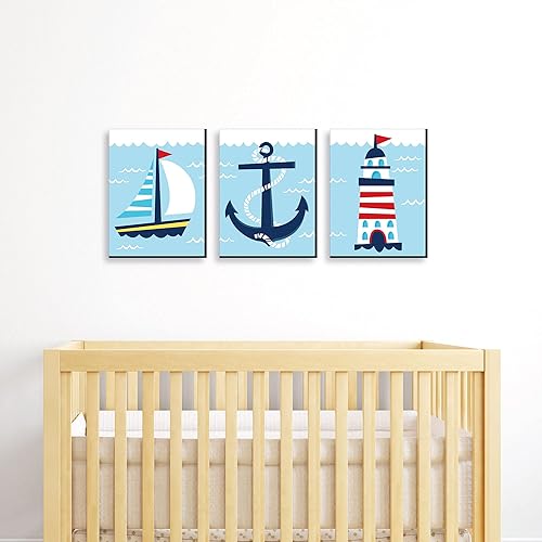Miniatura 2 de Big Dot of Happiness Faro, velero y ancla - Arte de pared para guardería infantil y decoración náutica para habitación de niños, 7.5 x 10 pulgadas,