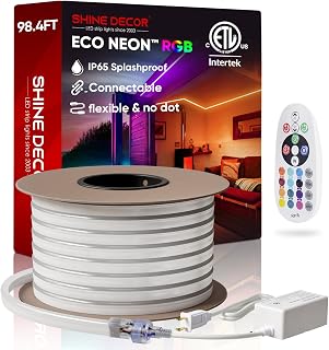 Shine Decor 98.4FT LED RGB Neon Rope Lights, ETL-Listed AC 110-120V Neon LED Strip Lights SMD5050 80LEDs/m with Remote, Dimmable Multicolor Change Flexible Neon Rope Lighting Waterproof for In&Outdoor