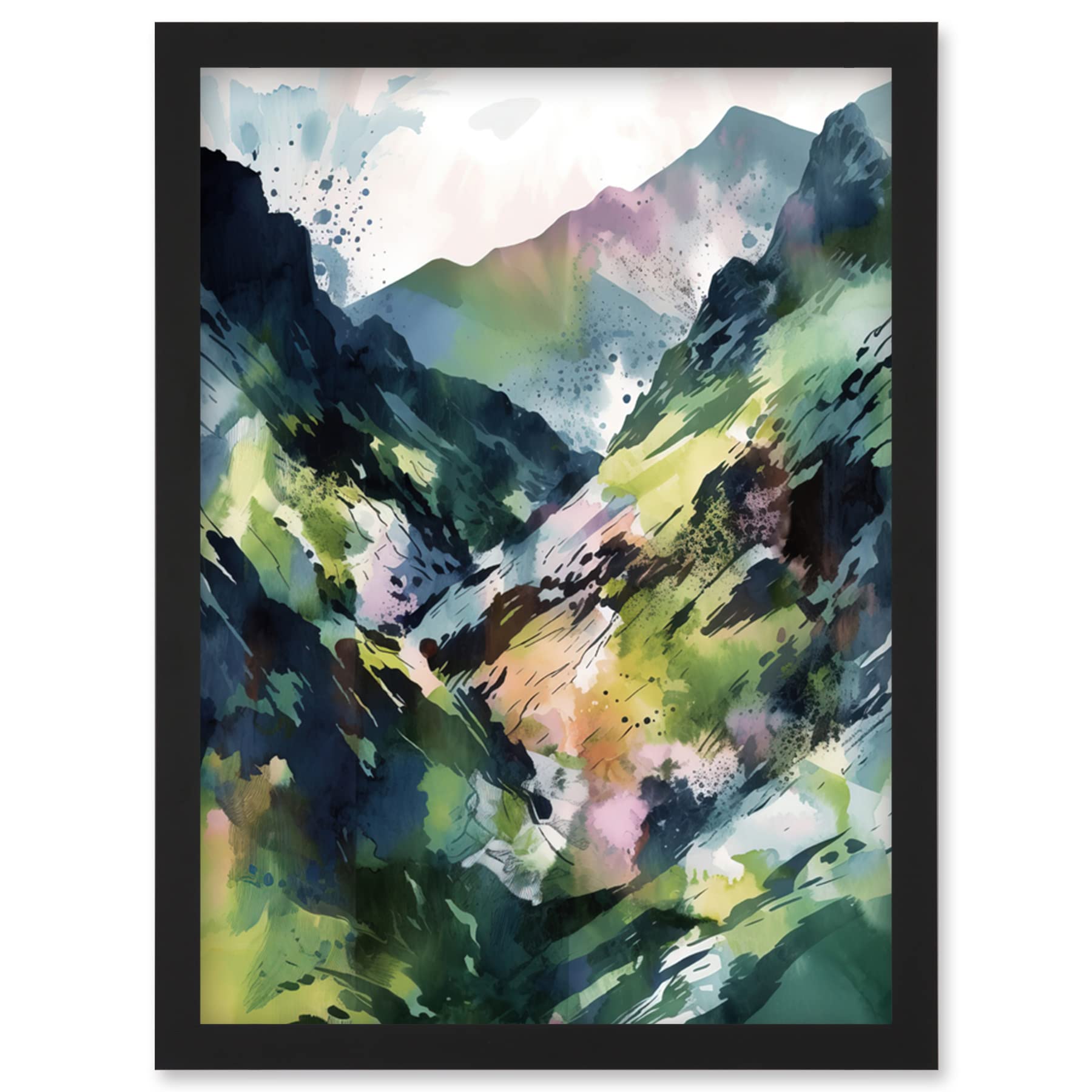 Spring Mountain Slope Landscape Modern Linocut Framed Wall Art Picture Print A4