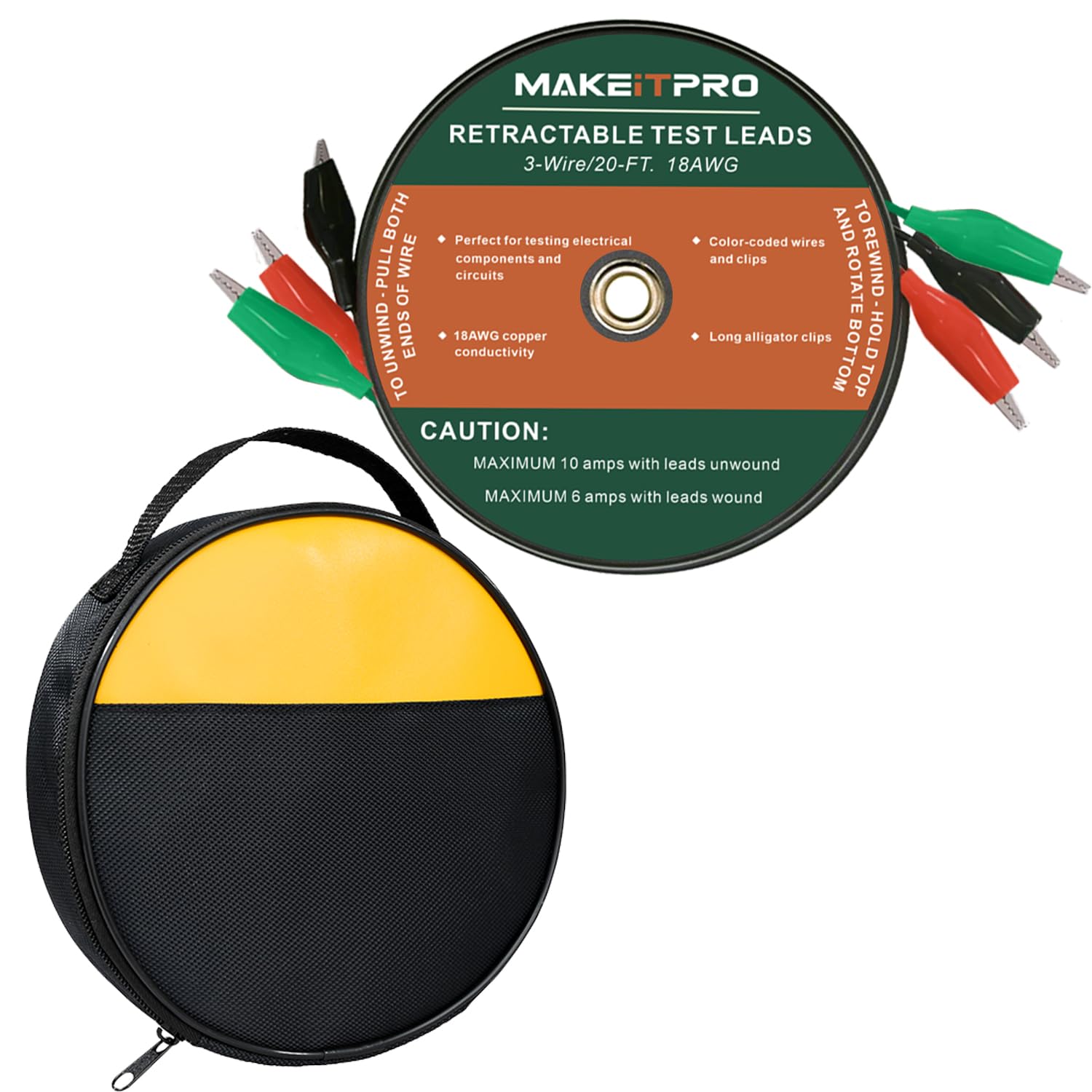 Retractable Test Leads 3 Wires 20FT 18AWG with Cable Bag