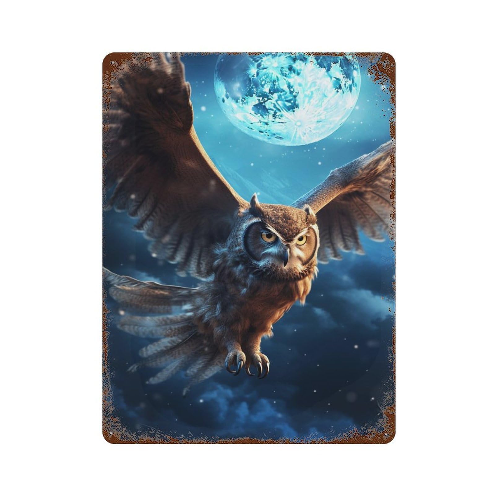 Moonlit Owl Flight Rust Effect Tin Sign 15.7"x11.8", Vintage Wall Decor for Pub, Kitchen And Man Cave Decor