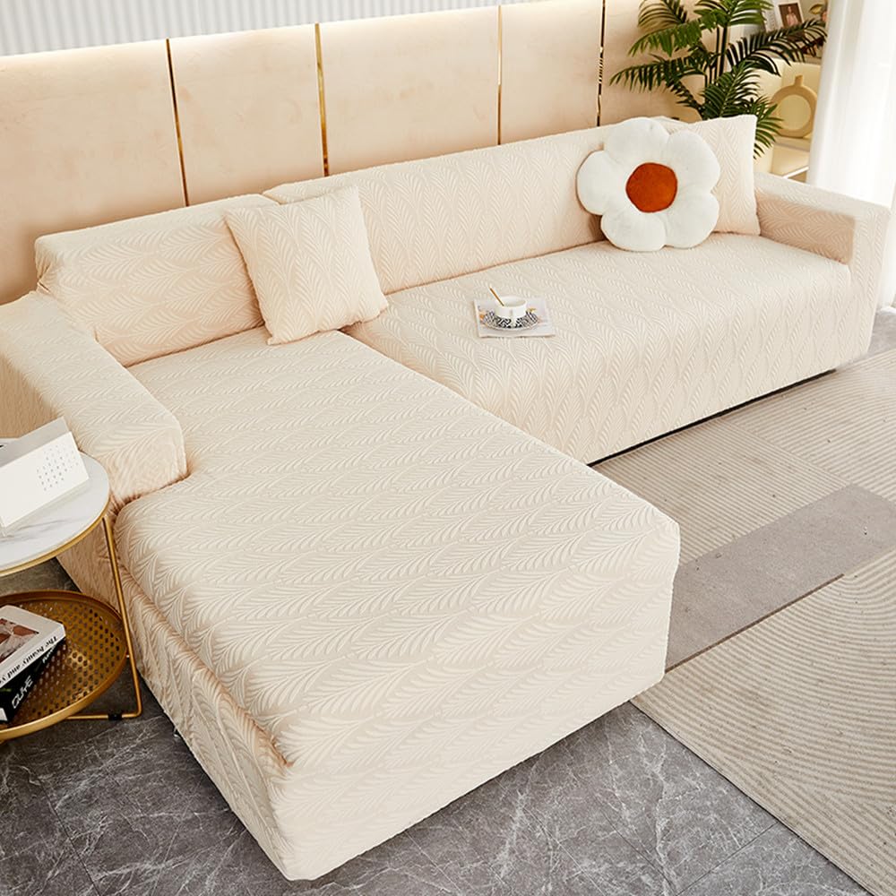 Copridivano Elasticizzato Jacquard Con Penisola, Beige, Per Divano Angolare Combinato, Lavabile, Taglia B 145-185 Cm