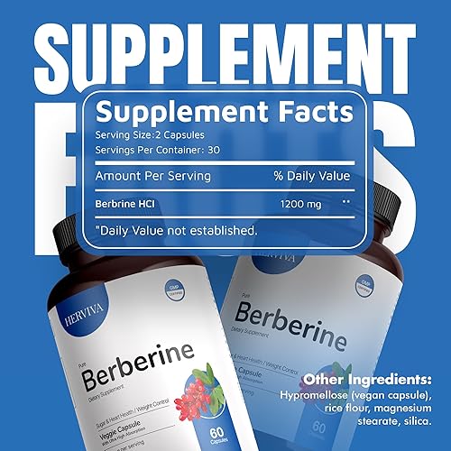 Miniatura 3 de HERVIVA Pure Berberine 1200mg Supplement  60 Vegan Capsules  Supports Metabolism, Blood Sugar & Heart Health  High Absorption Berberine HCl for