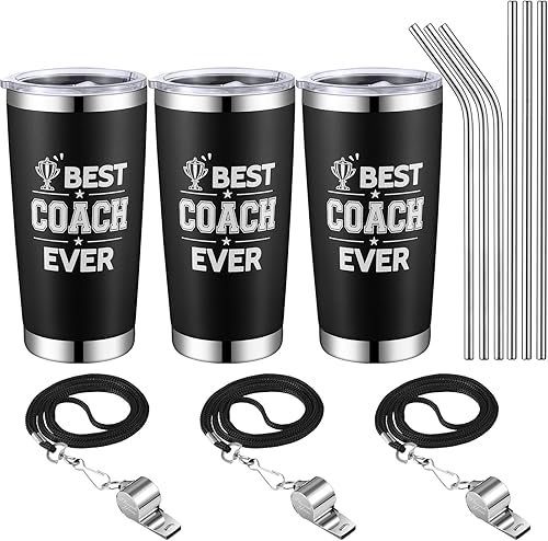 Didaey Juego de 3 juegos de regalos para entrenador Best Coach Ever, 20 onzas con silbato y pajitas, vaso de viaje de acero inoxidable para Navidad,