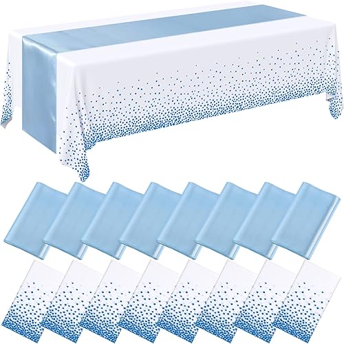 Miniatura 11 de Tudomro Juego de 16 piezas de manteles de plástico desechables blancos y oro rosa y caminos de mesa de satén, manteles de 54x108 pulgadas, caminos