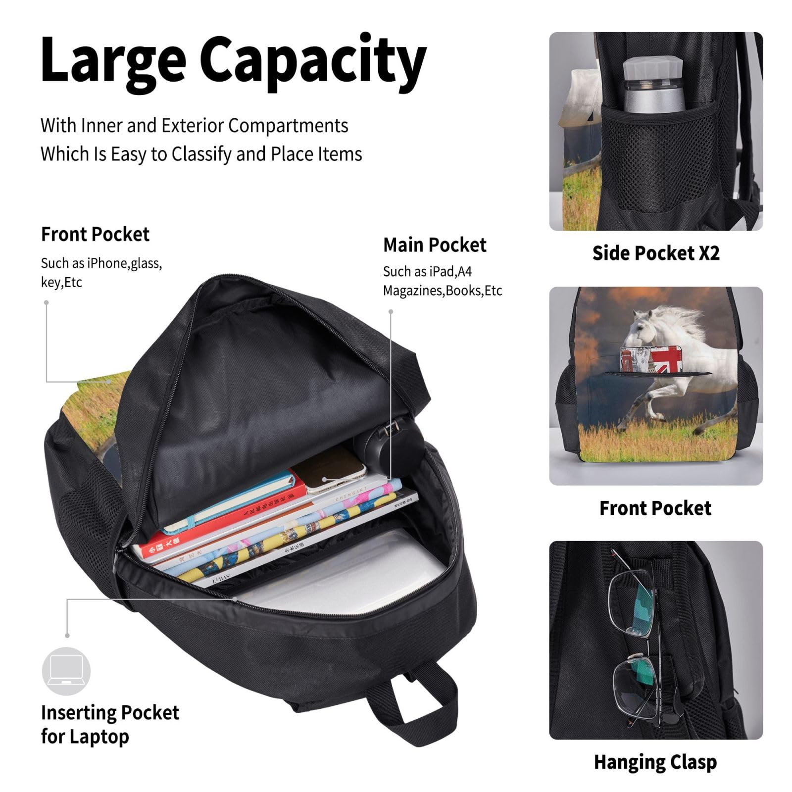 YSOLDA Juego de mochila, mochila escolar, mochila, juego de 3 piezas con bolsa de almuerzo, estuche para lápices,Patrón de caballos blancos