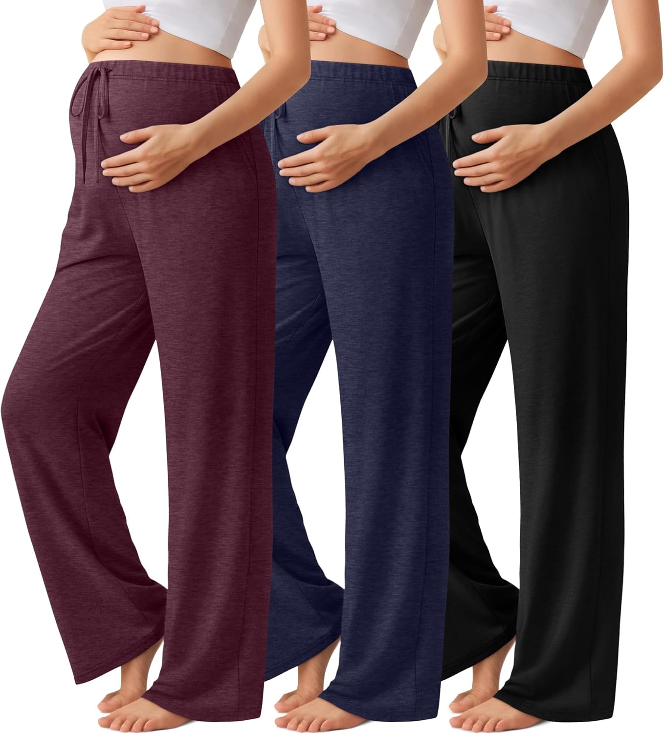 3 Pack Maternity Pants for Women Over The Belly Lounge Work Pregnancy Pants Drawing Wide Leg Trousers with Pockets