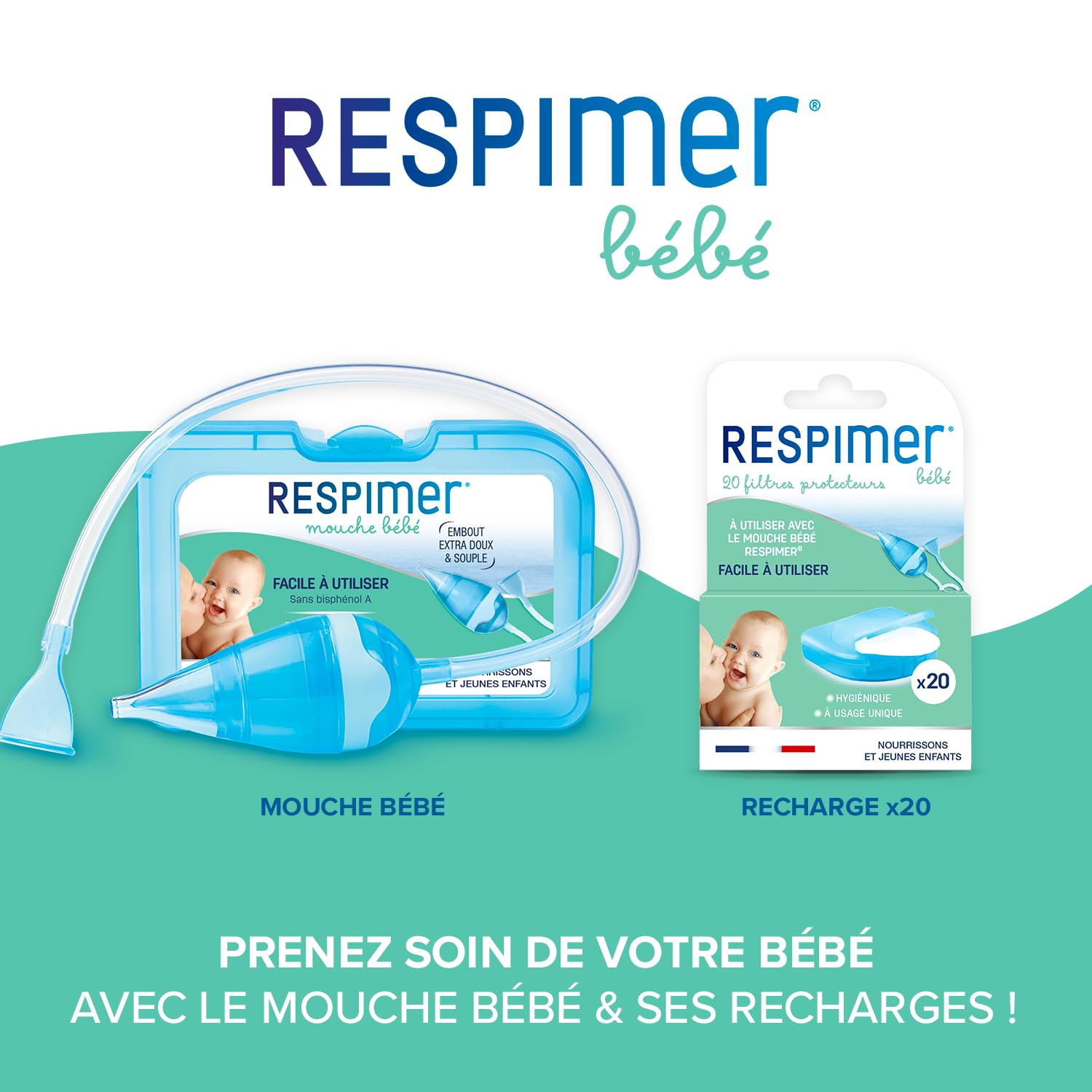 RESPIMER Mouche Bébé - Evacuer l'excès de mucus - Rhume & Rhynopharyngite - Facile à utiliser - Nourrissons et jeunes enfants - Sans Bisphénol A - 5 Filtres jetables hygiéniques - Fabriqué en France