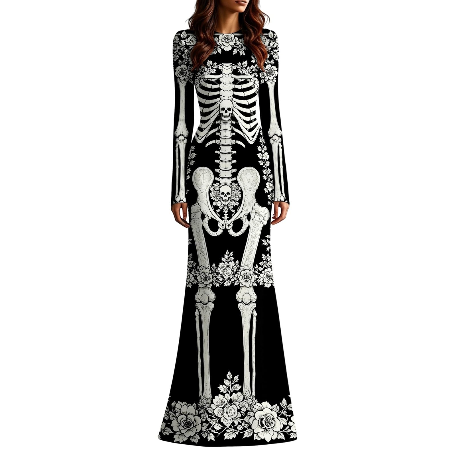 Women's Skeleton Print Mermaid Maxi Dress Long Sleeve Halloween Dresses for Women 3D Digital Print Floral Gothic Fancy Dress Costume