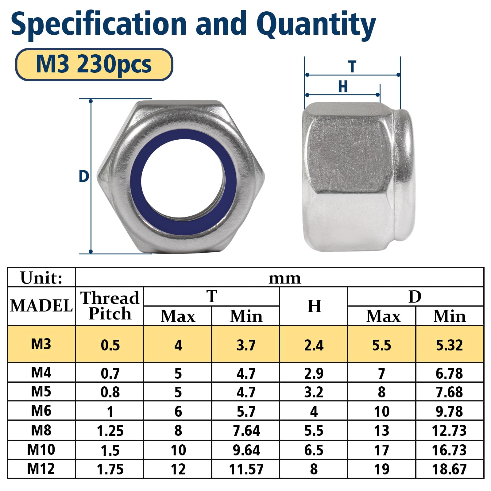 Vifmy 230 Pack M3-0.5mm Nylon Insert Lock Nuts,304 (A2-70) Stainless Steel Locknuts,Standard Metric Thread Nylock Nuts - Image 2