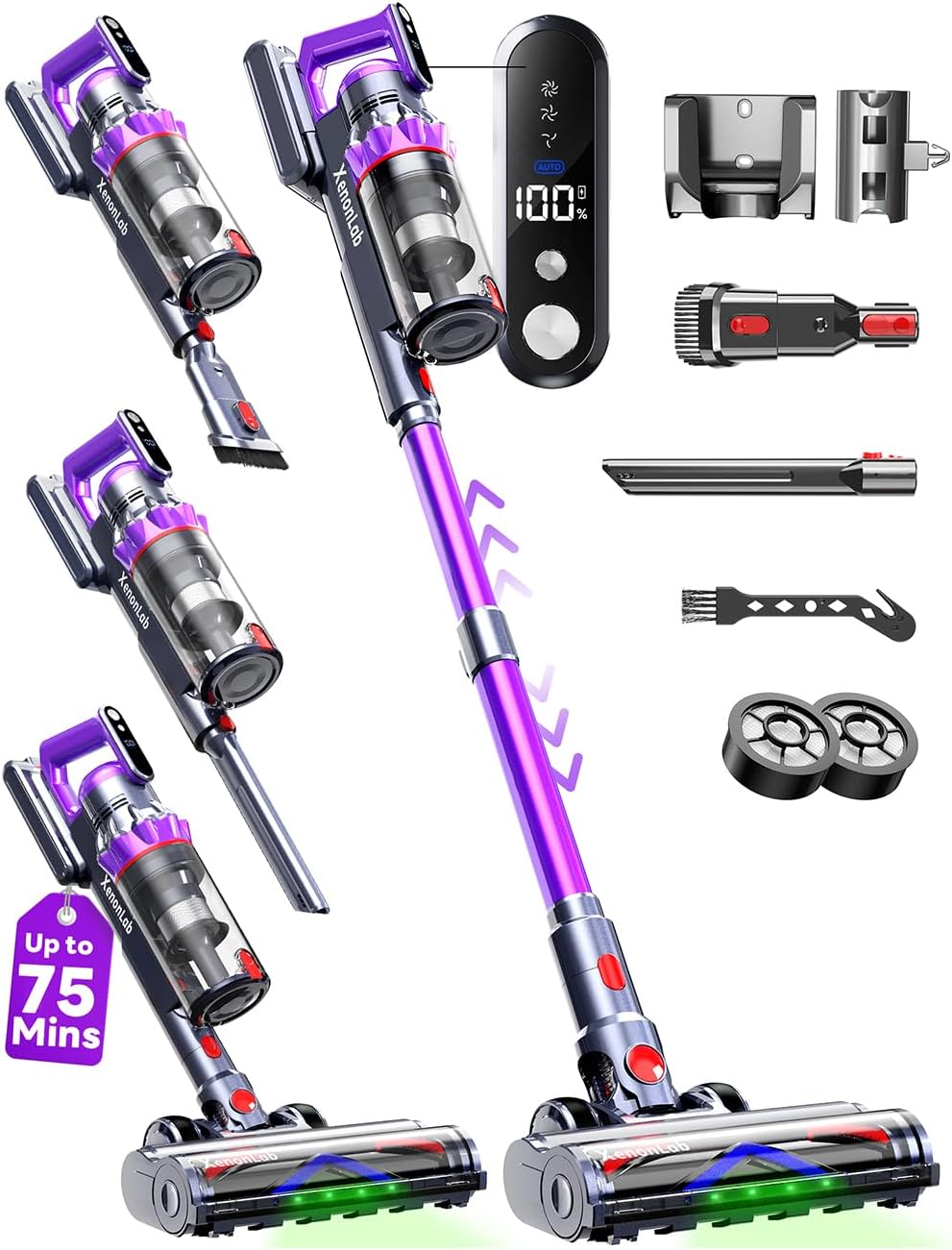 Cordless Vacuum Cleaner, 75Mins/55KPa/650W Freestanding Stick Vacuum Cleaners for Home, Rechargeable, Lightweight, Cone Filtration&Anti-Tangle, for Hard Floor, Carpet, Hardwoods, Pet Hair