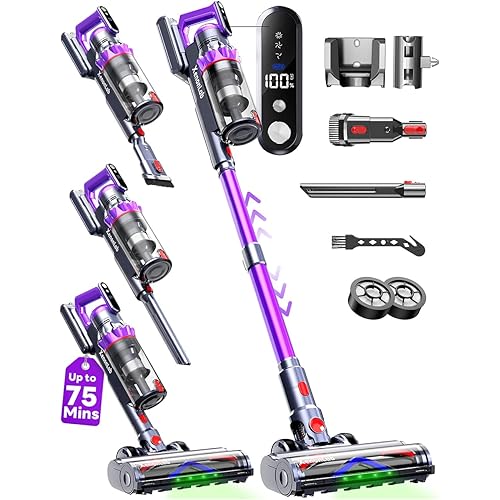 Cordless Vacuum Cleaner, 75Mins/55KPa/650W Self-Standing Stick Vacuum Cleaners for Home, Rechargeable, Lightweight, Cone Filtration&Anti-Tangle, for Hard Floor, Carpet, Hardwoods, Pet Hair