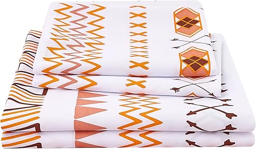 JSD Juego de sábanas geométricas naranjas de 4 piezas, tamaño matrimonial, sábanas de microfibra suave estilo bohemio, bolsillo extra profundo, sin
