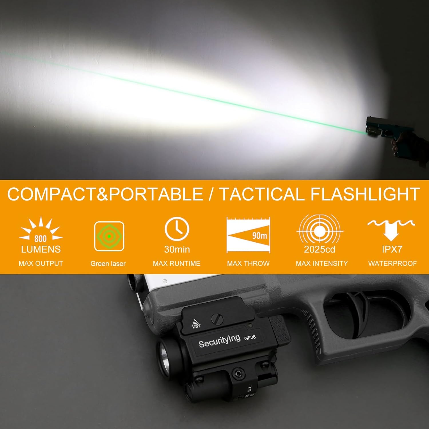 SecurityIng 800 Lumens Tactical Light & Green Laser Combo, Rechargeable Rail Mounted Strobe Flashlight, Adjustable for Standard Picatinny Rails