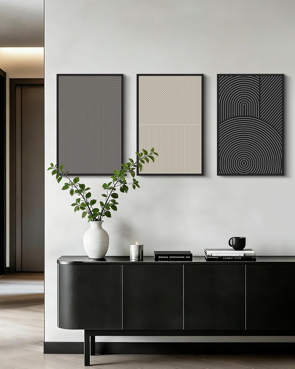drsoum mid-century modern framed wall art large 16x24in minimalist abstract boho neutral line wall decor geometric artwork kitchen dining room black framed dark mid-century 16" x24" x3pcs, black framed