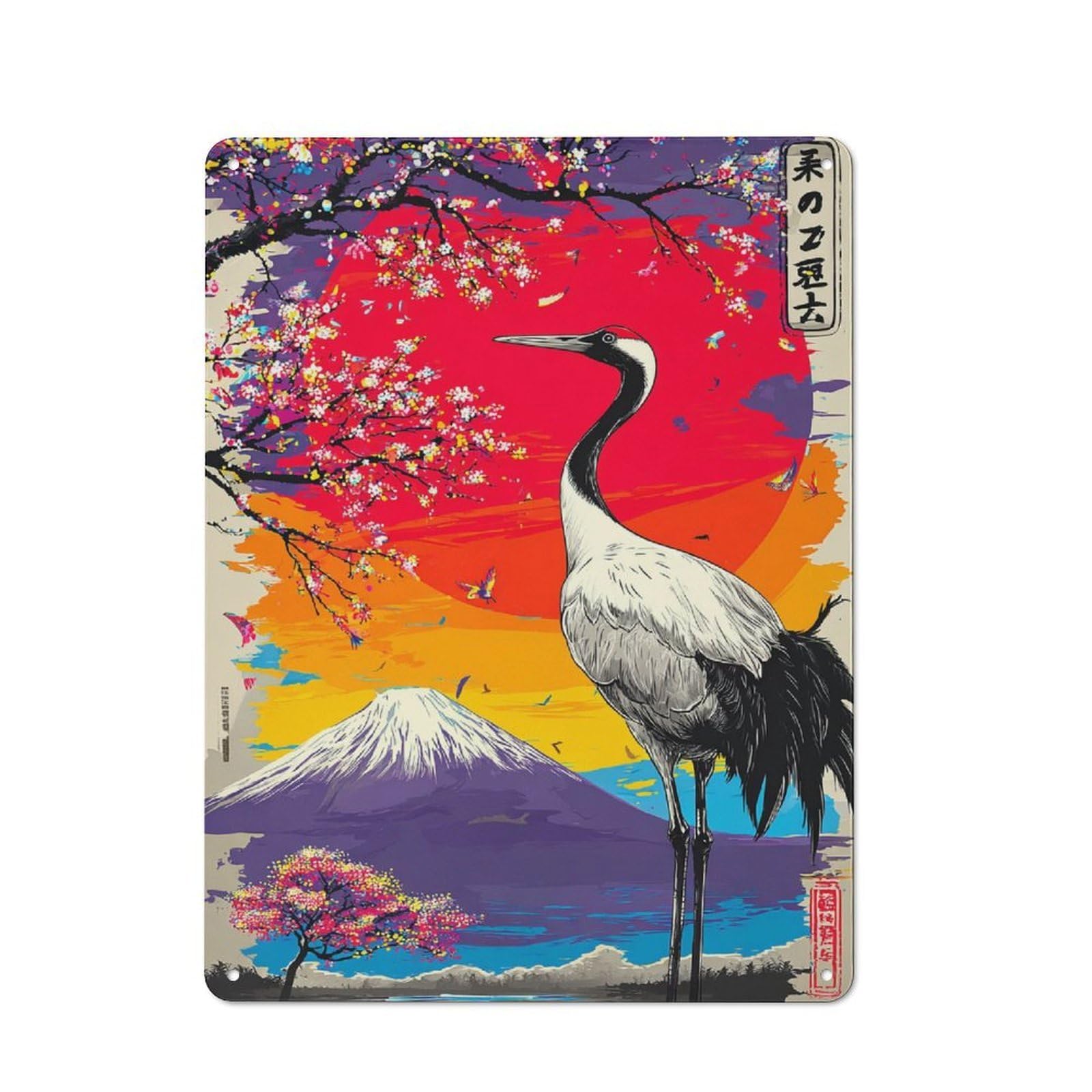 Junmoney Japanese Crane Sunset Artwork Decorative Tin Plaque With Design 40X30cm, Classic Novelty Wall Art For Flat, Dorm Room, Lounge Or Cafe