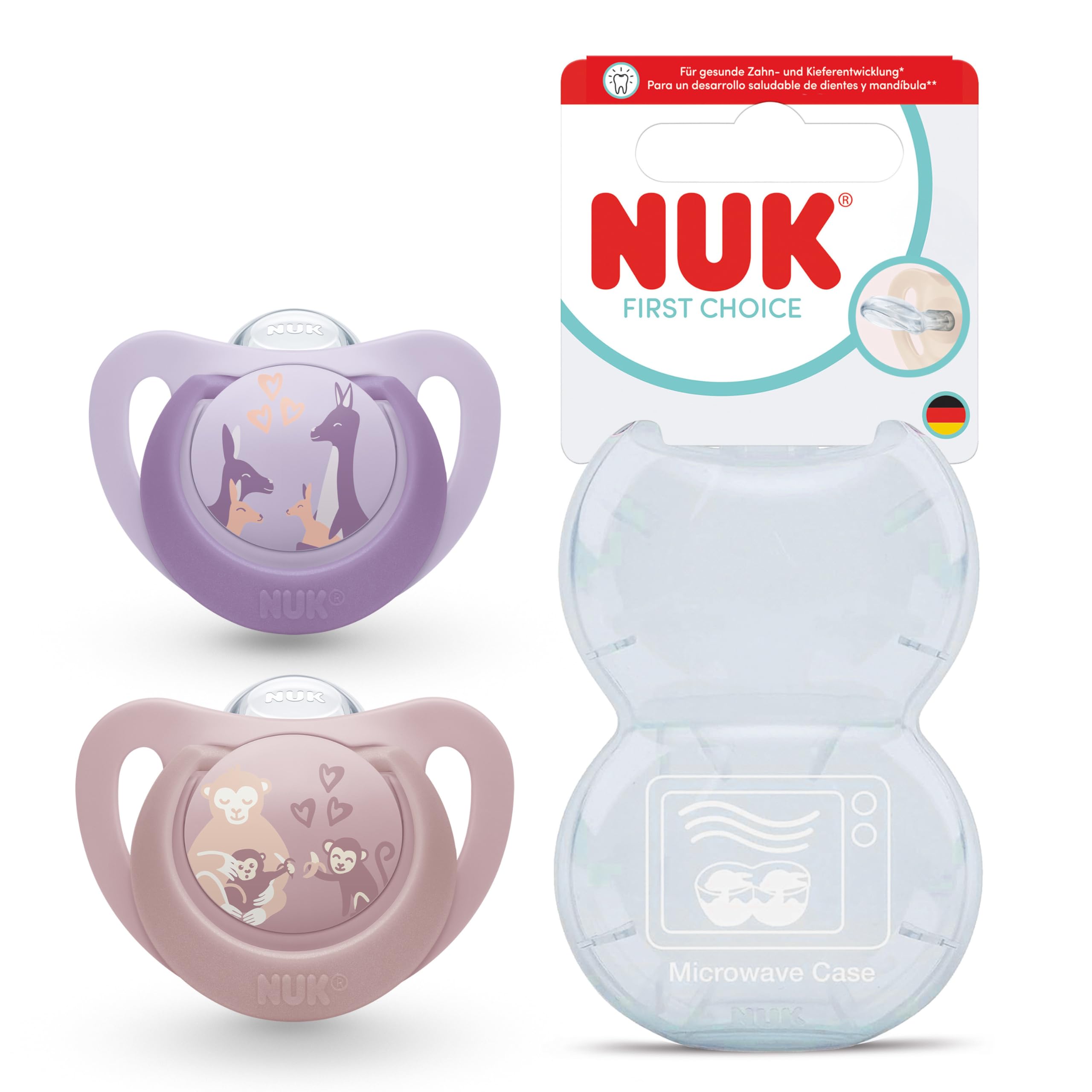 NUK First Choice Baby Schnuller | 6-18 Monate | Kiefergerechte Beruhigungssauger | Beruhigt 99 % aller Babys** | Affe/Känguru | 2 Stück