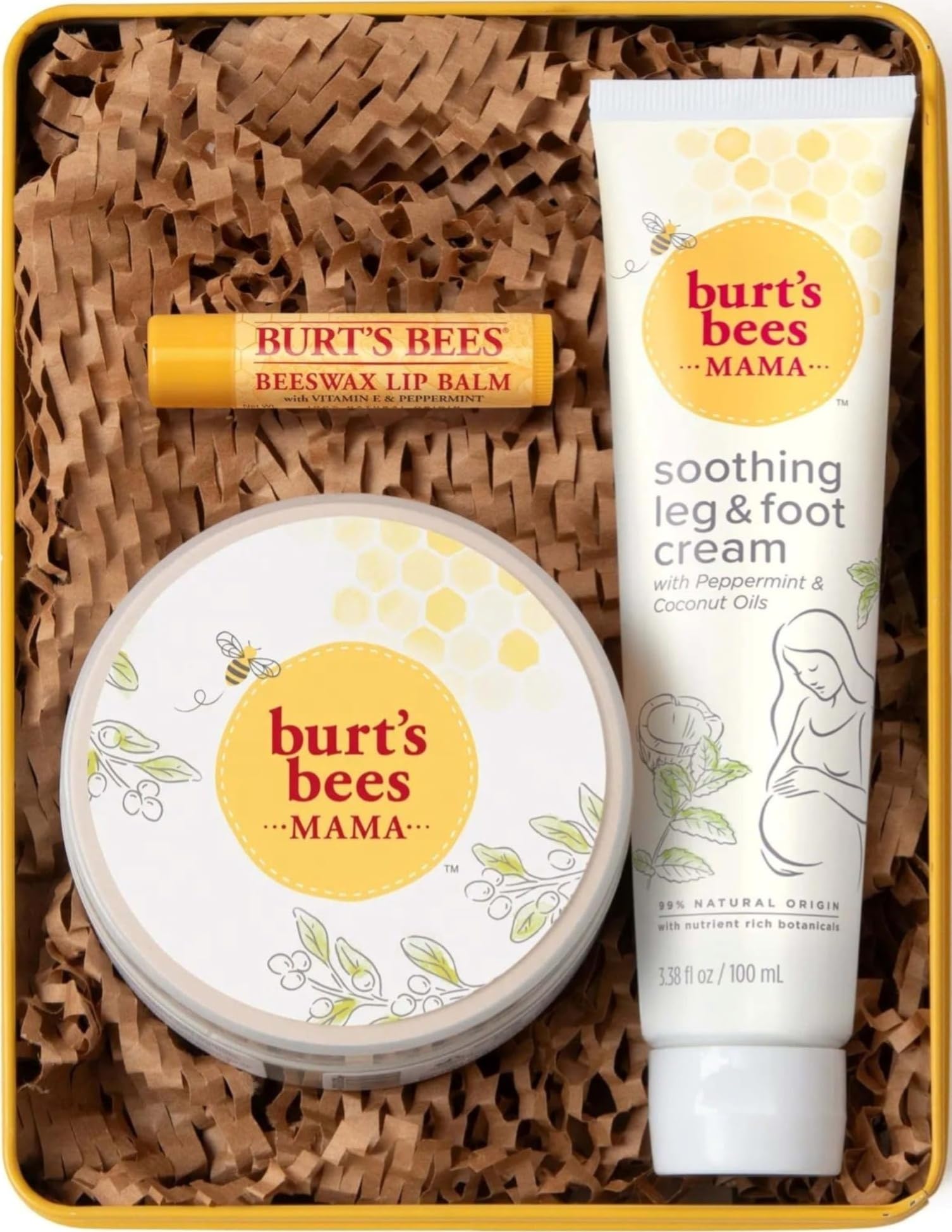 Burt's Bees Mama Gift Set, Includes Lip Balm, Leg and Foot Cream, and Belly Butter, Natural Origin Skin Care, 0.15 oz./3.38 oz./6.5 oz.