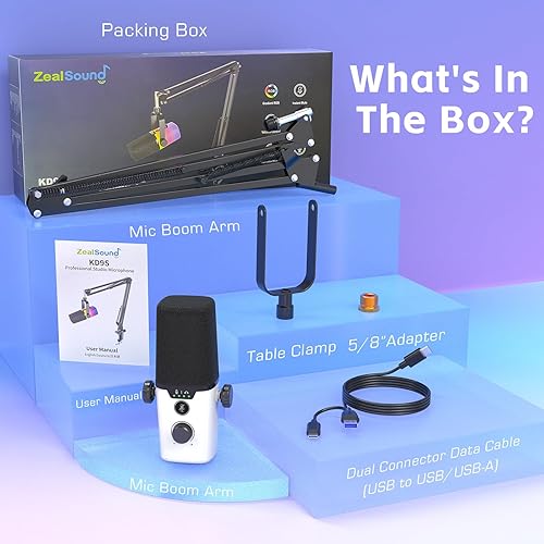 Miniatura 7 de ZealSound Micrófono USB para juegos, micrófono de PC para teléfono y tableta con RGB para transmisión de podcasts, grabación vocal, ASMR, micrófono