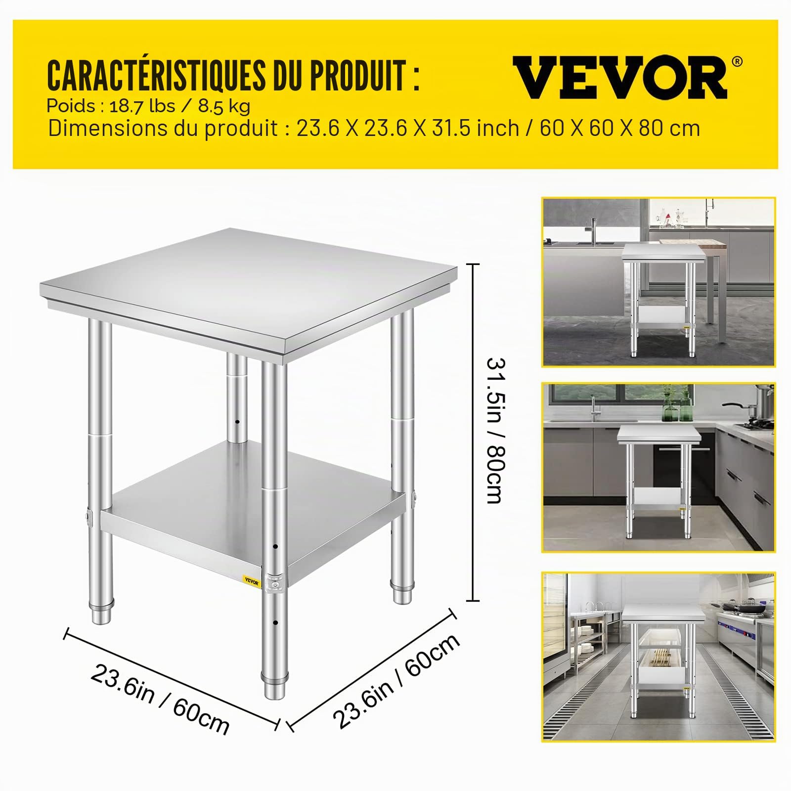 VEVOR Table de travail en acier inoxydable 60 cm x 60 cm pour la préparation des repas, la couture, le lavage, l'artisanat, l'utilisation du garage, etc.