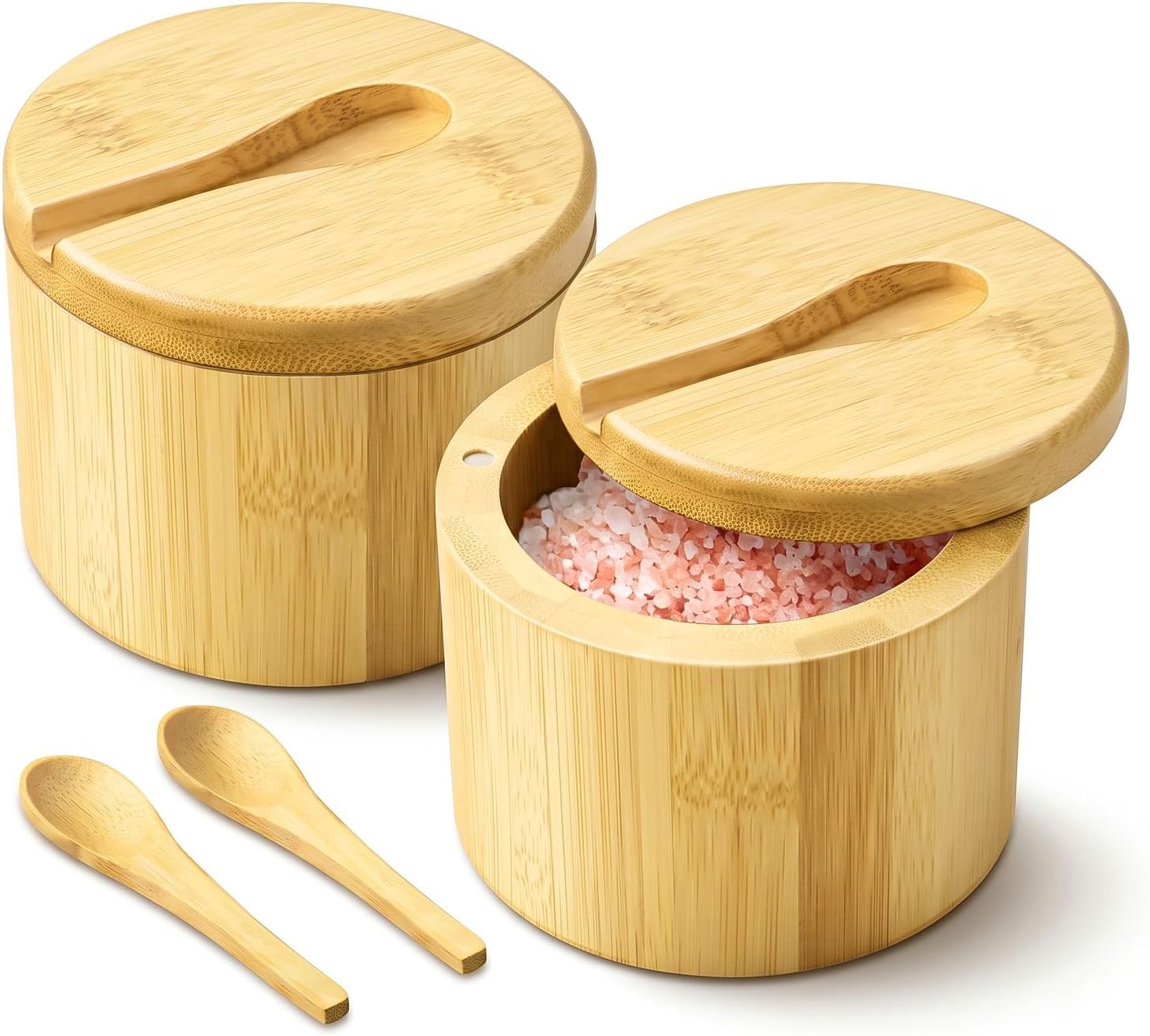 Flexzion Bamboo Salt Cellar with Lid and Spoon, Salt and Pepper Box, 2 Pack