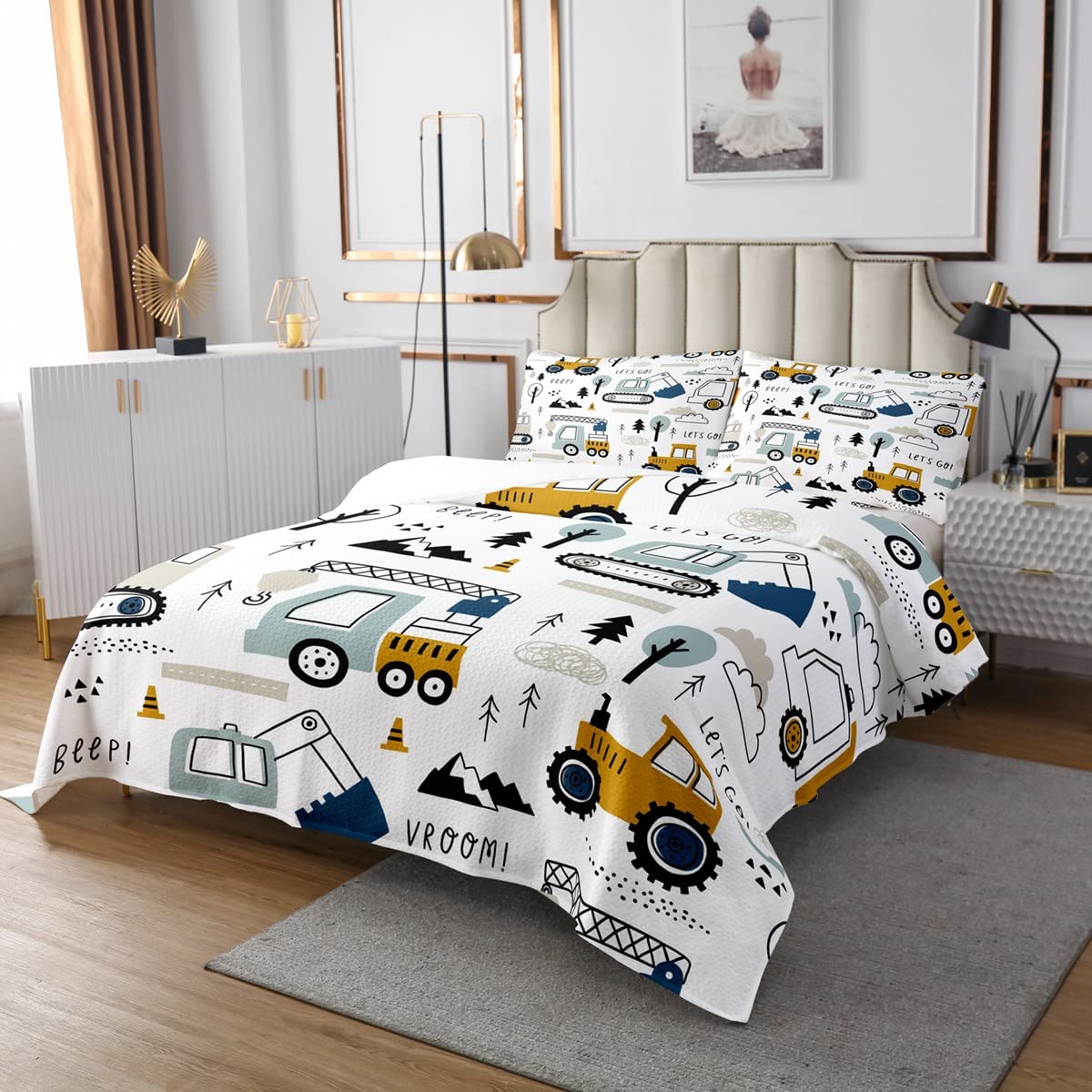 Loussiesd Set copriletto per Bambini in Stile Cartone Animato per Bambini Set di Attrezzature per la Decorazione Camion Trapuntato copriletto Auto Escavatore Trattore Bianco giallo170X230cm