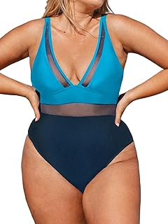 Traje de baño de una Pieza de Talla Grande para Mujer con Cuello en V de Malla Transparente con Control de Barriga con Correas Anchas Ajustables