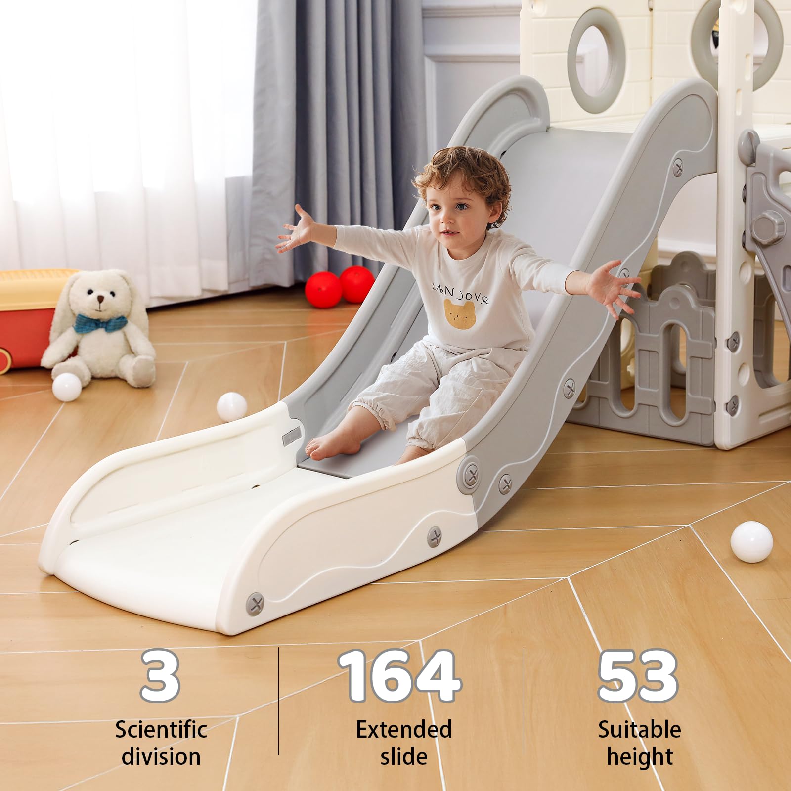 Kinderrutsche, Indoor & Outdoor Rutsche ab 1 Jahre, Freistehende Rutsche mit Stauraum & Spielteleskope, Gartenrutsche, Kinder Spielplatz, mit 2PCS Moduls, Grau Weiß