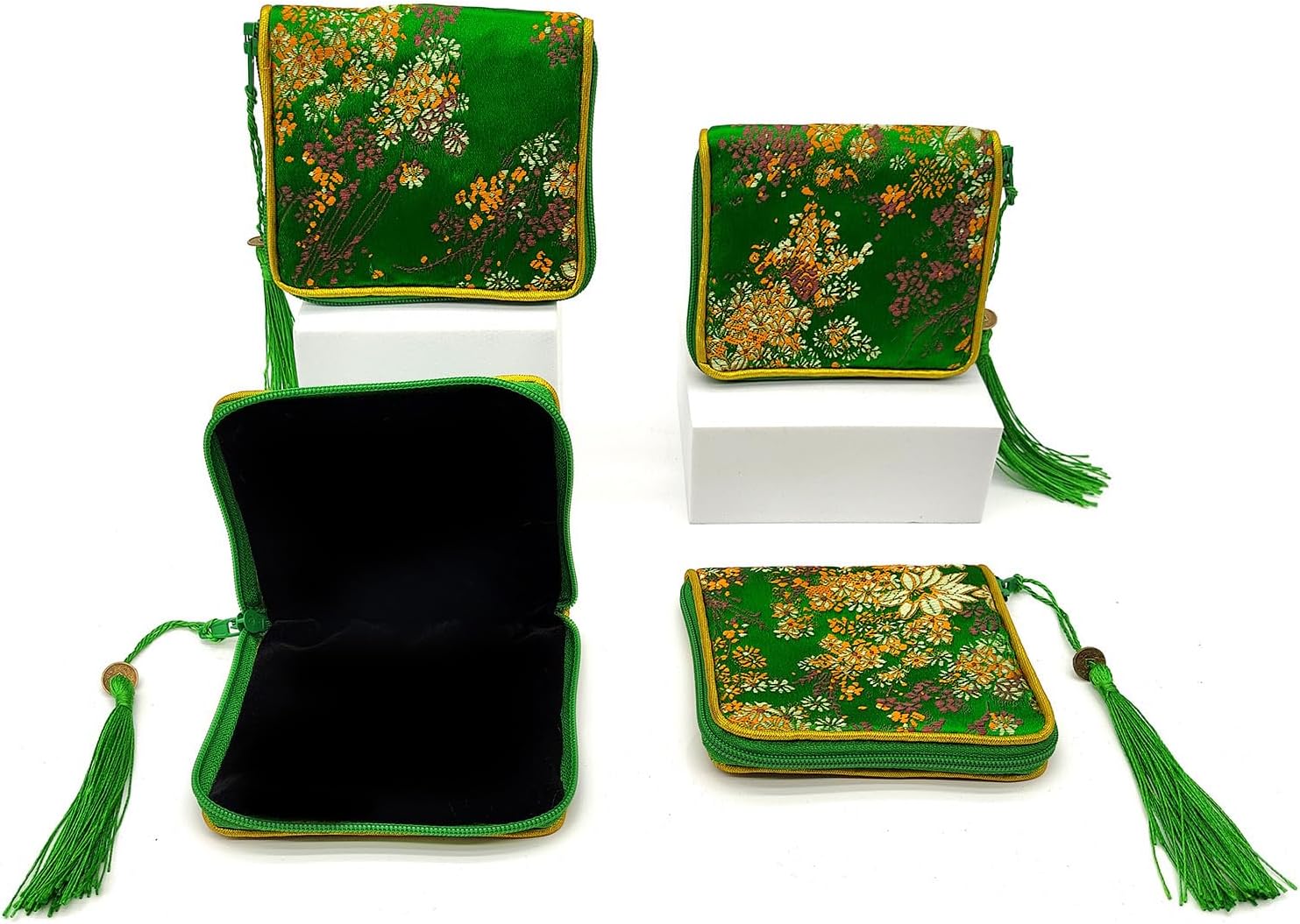 4pc Zipper Jewelry Pouches Brocade Cosmetic Bags Embroidered Coin Purses Wallets for Women
