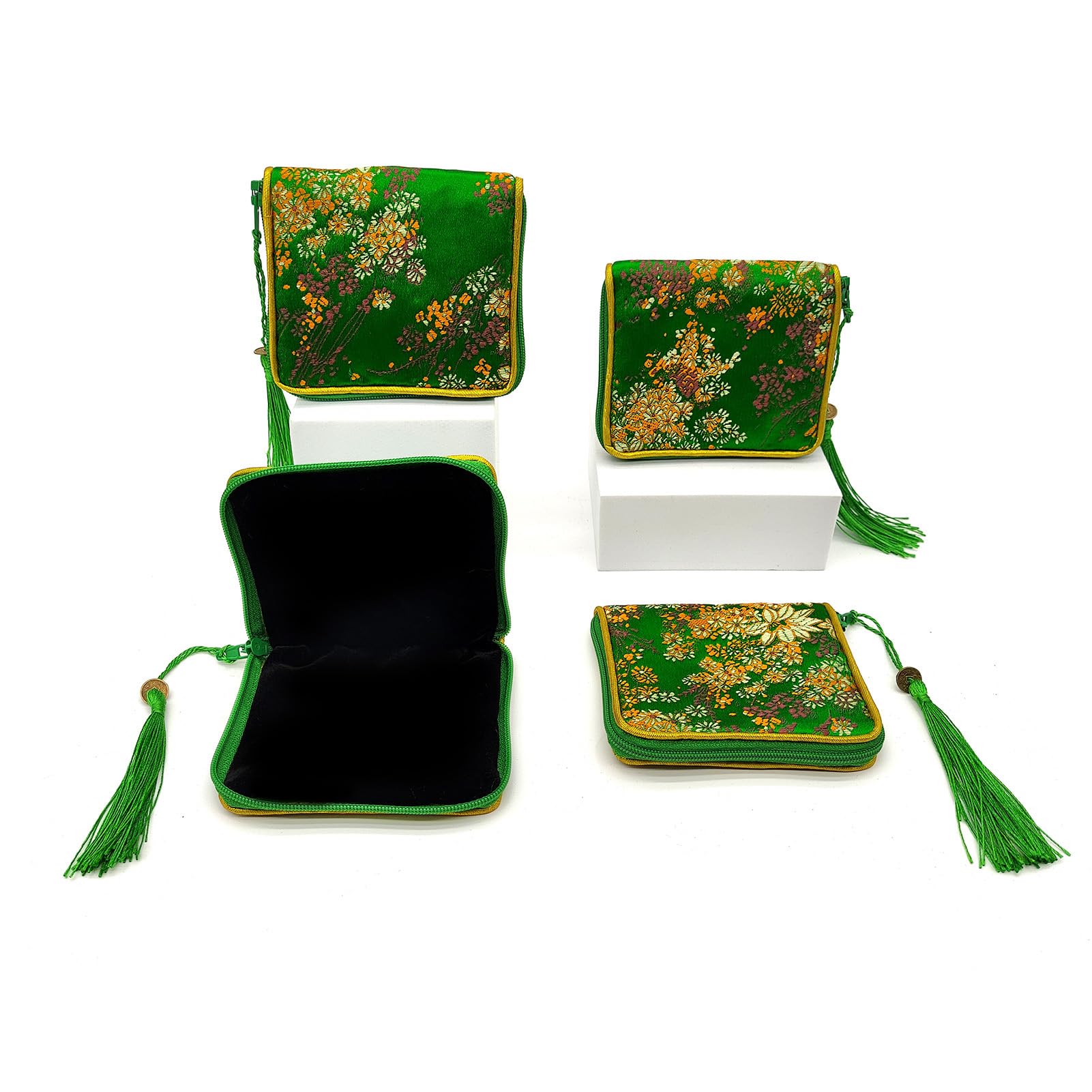 4pc Zipper Jewelry Pouches Brocade Cosmetic Bags Embroidered Coin Purses Wallets for Women