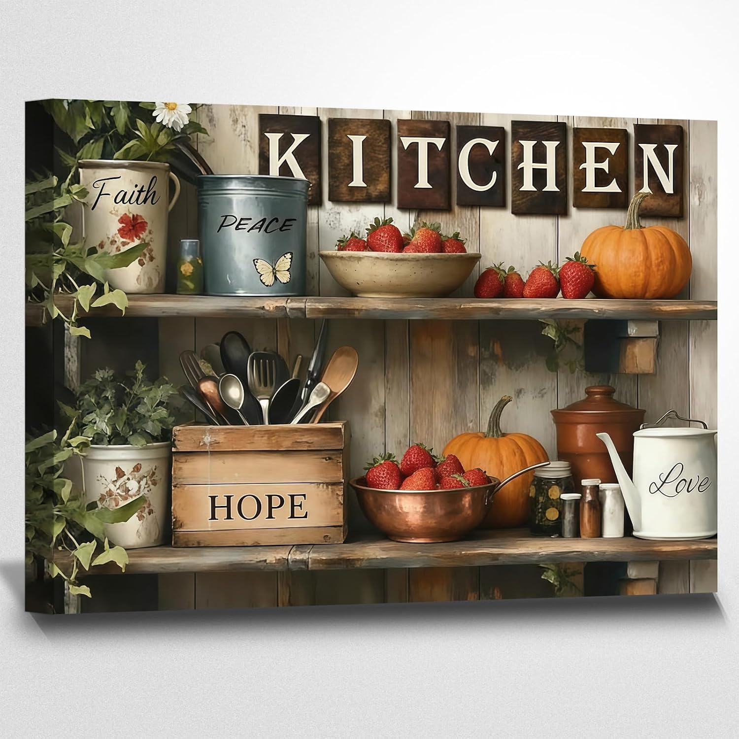 Craftline Rustic Kitchen Canvas Wall Art 12x08” Country Farmhouse Pots Pans Pictures Strawberry Fruit Pumpkin Still Life Poster Print Cooking Artwork with Motivational Words for Cabinet Restaurant