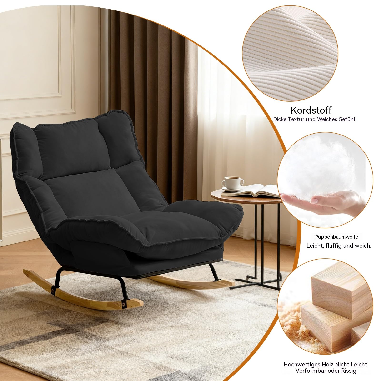 Extra große Schaukelstühle, Verstellbare Lounge-Stühle für Drinnen und Draußen mit Kissen für Arbeitszimmer, Wohnzimmer und Terrassen