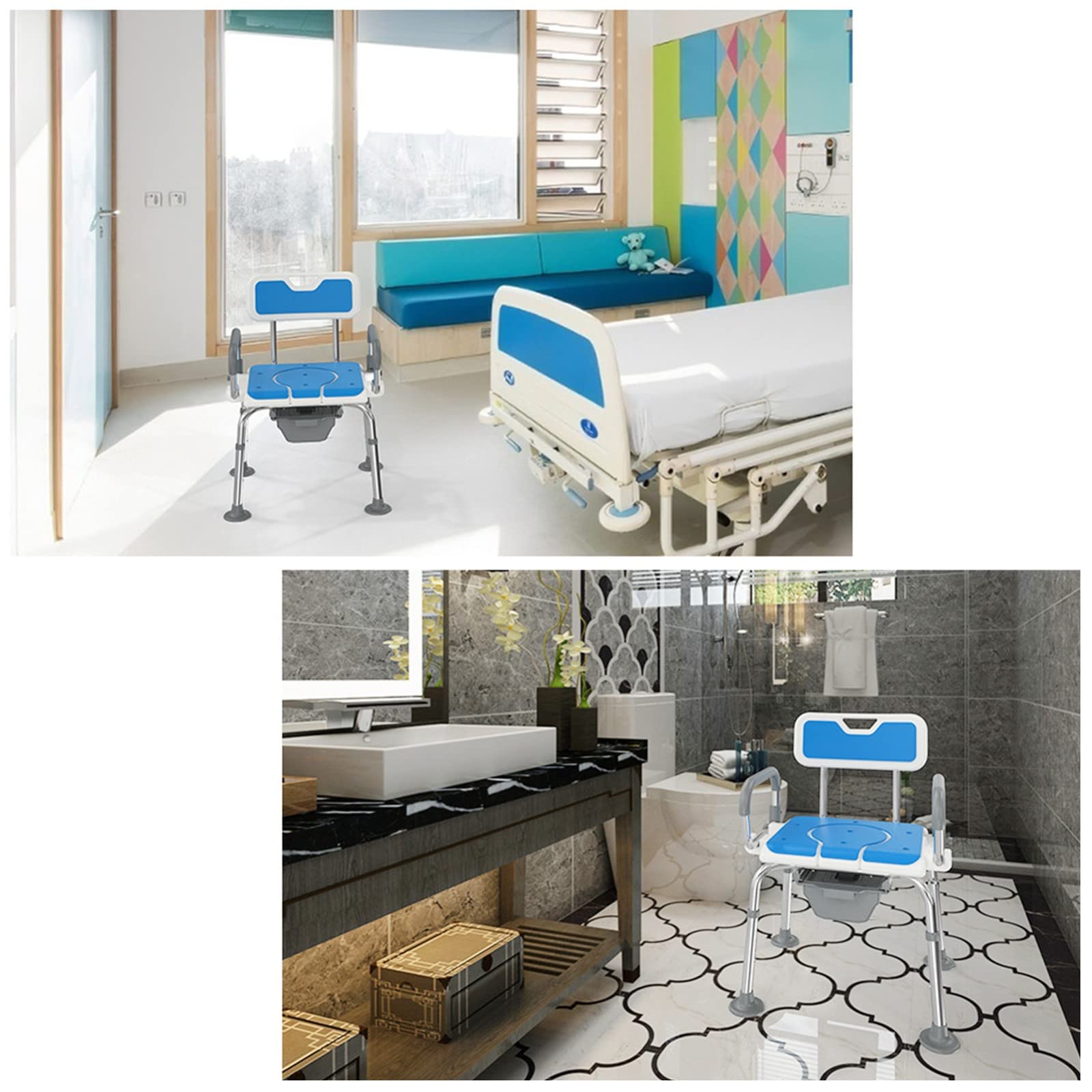 Silla Baño Ancianos Ducha,Silla De Baño para Personas Mayores,Silla De Noche para Adultos,Silla De Inodoro Altura Ajustable Antideslizante Asiento De Ducha con Reposabrazos Y Respaldo