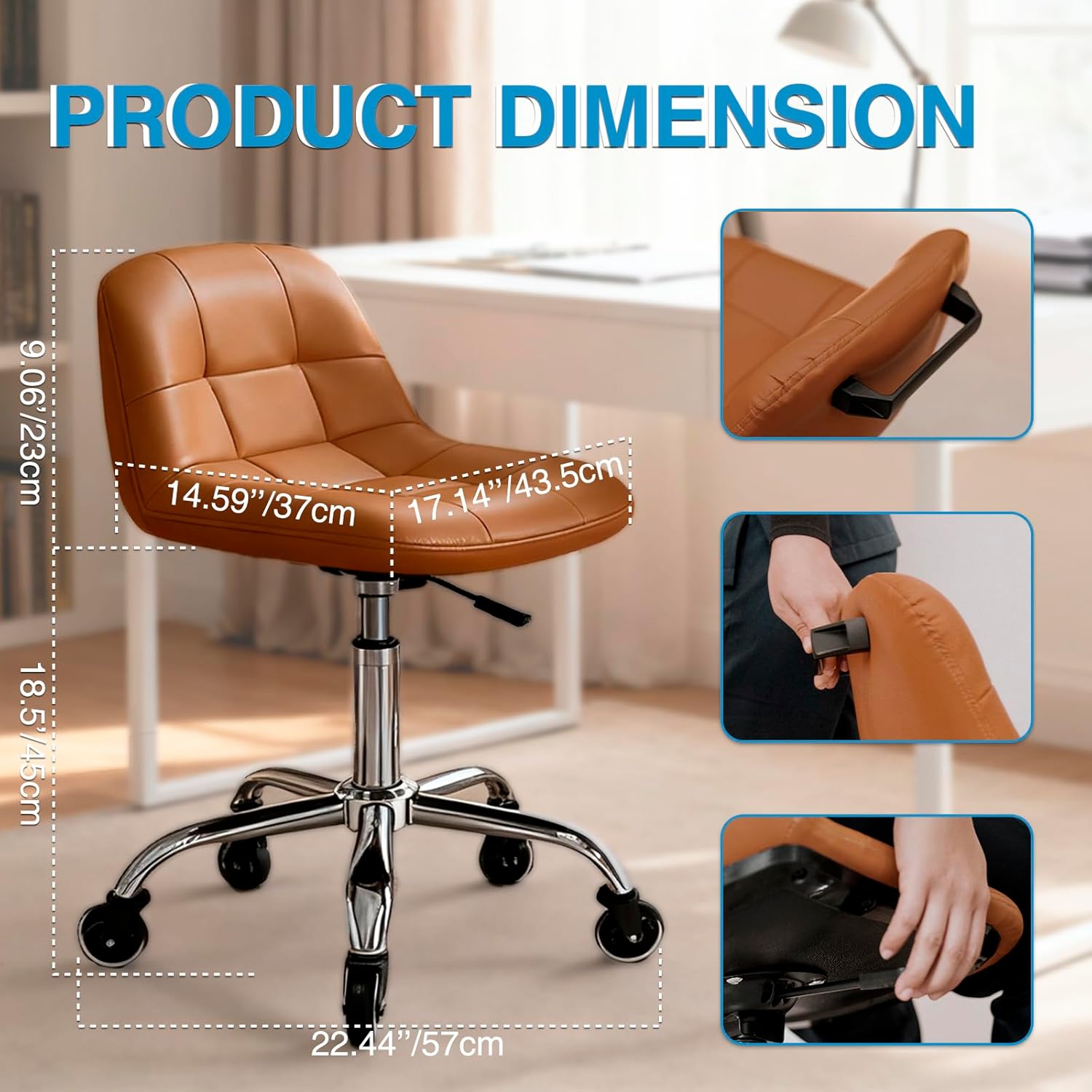 Rolling Stool Chair with Wheels, Height Adjustable Stool with Back Support, Office Drafting Chair with PU Leather Cushion for Home Office Kitchen Vanity Salon Garage Tattoo Dentist Esthetician(Camel)