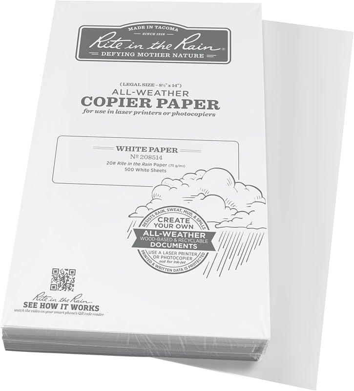 Rite in the Rain Weatherproof Copier Paper, Legal, 8.5" x 14", 20# White, 500 Sheet Pack (No. 208514)