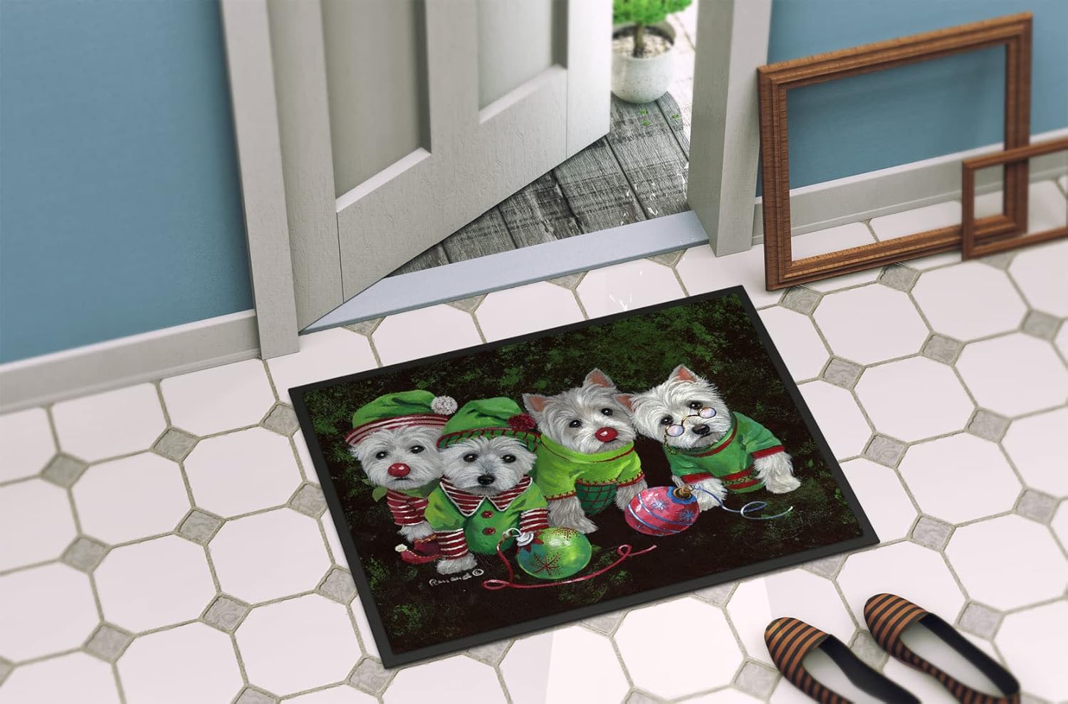 Caroline's Treasures PPP3285JMAT Westie Christmas Santa's Assistants Doormat 24x36 Front Door Mat Indoor Outdoor Rugs for Entryway, Non Slip Washable Low Pile, 24H X 36W
