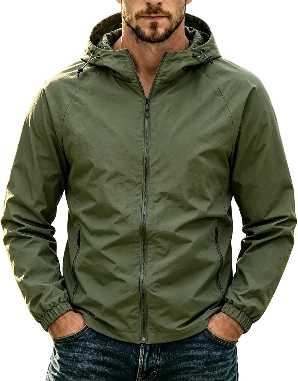 Men's Hooded Jacket Water Repellent Full Zip Classic Outdoor Coat