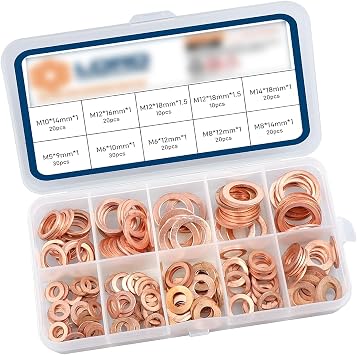 jeseny 200 PCS Flat Washers Assortment Set, Copper Metric Sealing Gaskets, Muti-Sized Sump Plugs, Oil Sealing Replacements M5 M6 M8 M10 M12 M14, Universal for Most Cars, Trucks and Vans Gold