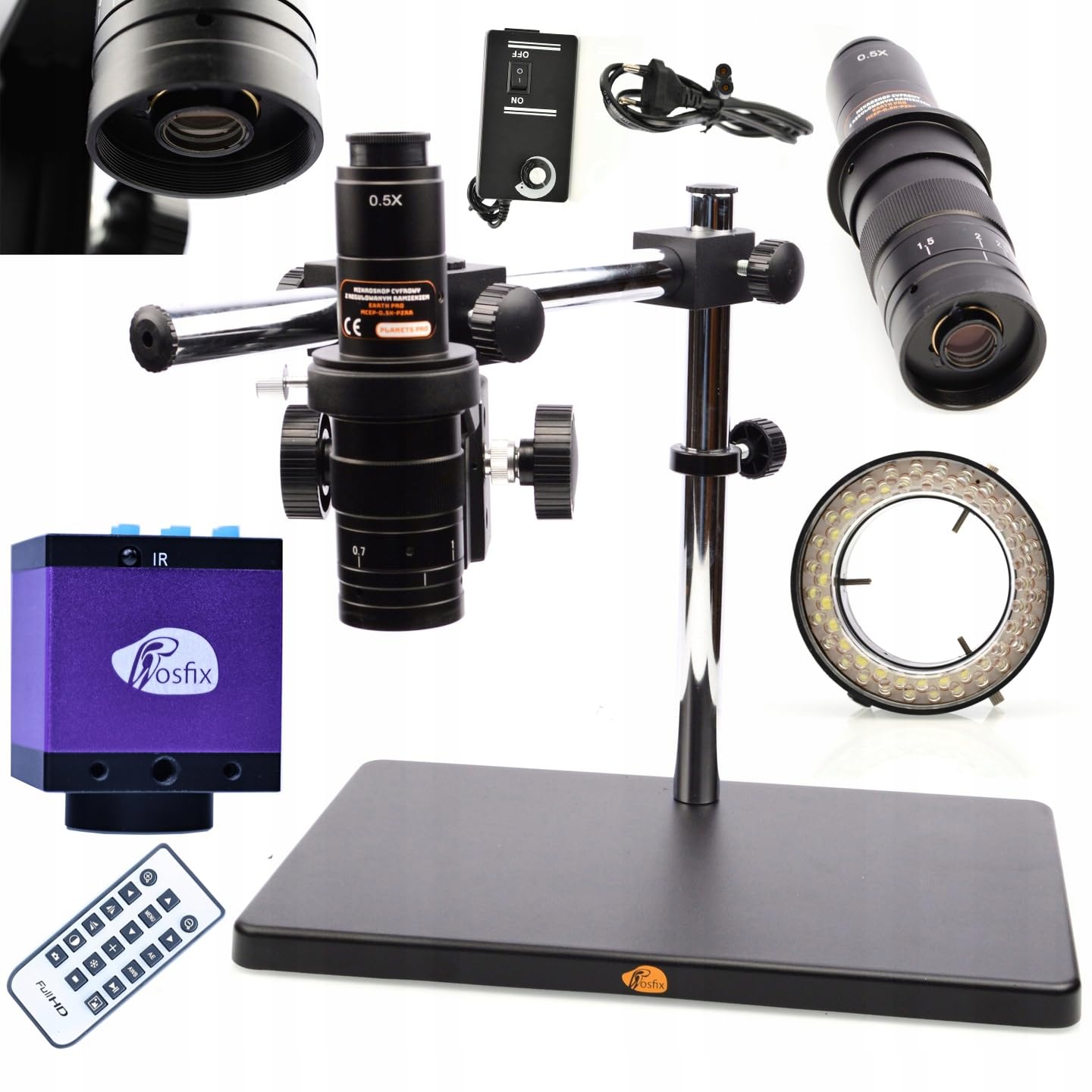 Rosfix Zestaw Earth Pro MCEP-0.5X-PZRR – cyfrowy mikroskop stereo z zoomem 7-45x i mocowaniem C | światło pierścieniowe LED 56x i kamera HDMI/USB | do elektroniki, laboratorium, przemysłu, biologii