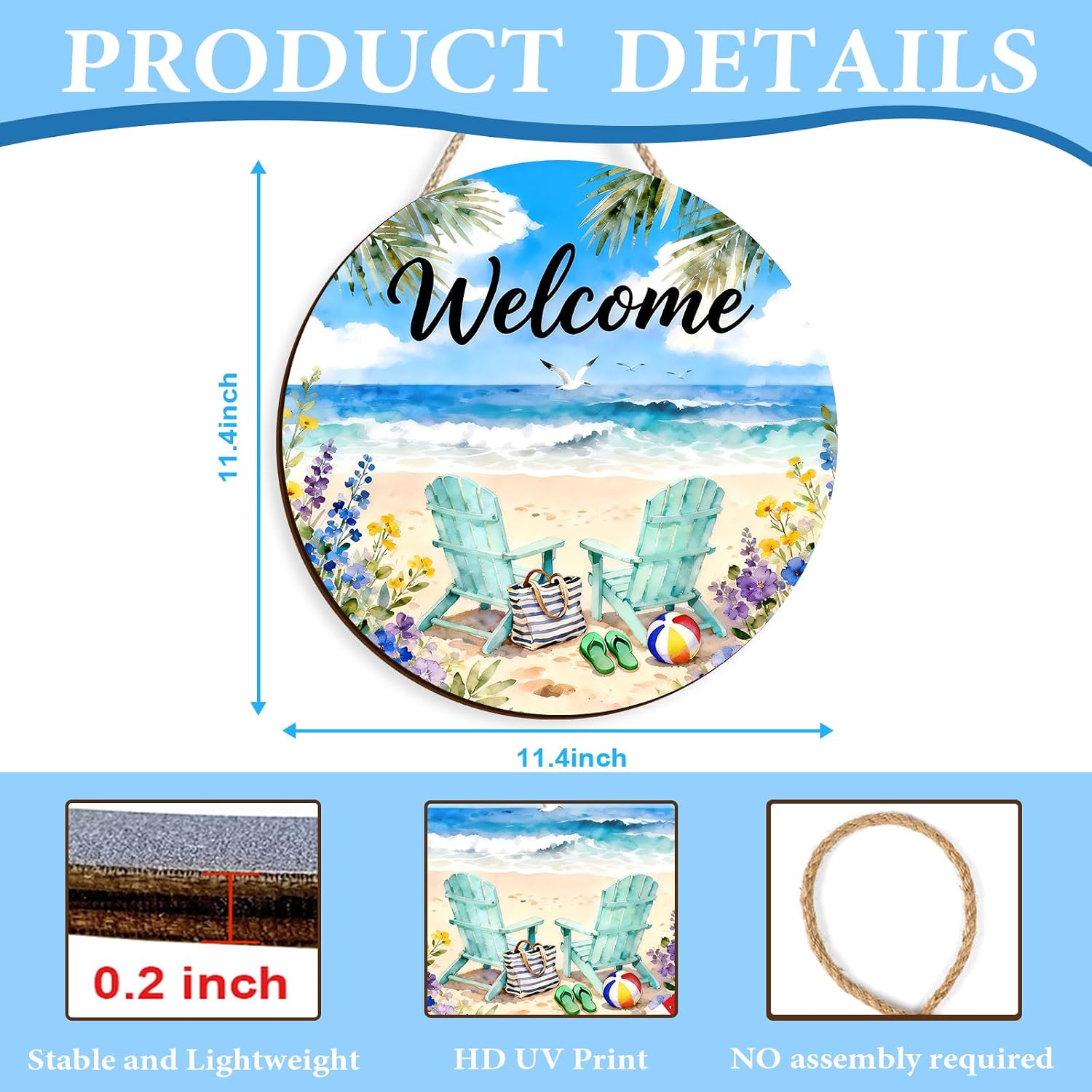 Beach Welcome Sign for Front Door, 11.4" Round Wooden Summer Coastal Wreath Wall Hanging Decor, Ocean Beach Chair Porch Decoration, Nautical Outdoor Sign for Home Pool Patio Housewarming Gift image 4