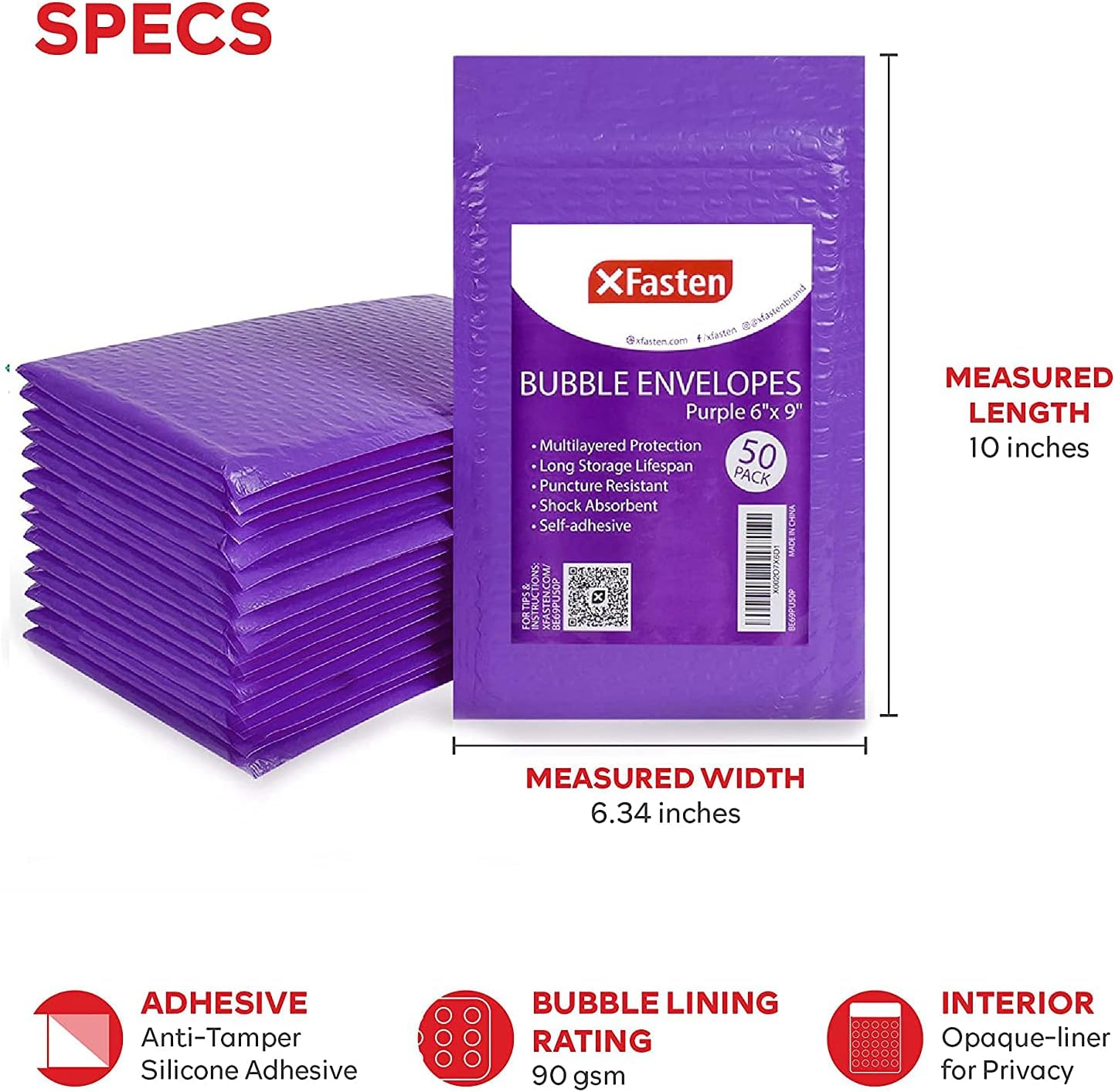 XFasten Bubble Mailers Padded Envelopes 5.47 Inches x 10 Inches 50-Pack, Purple, Self-sealing Poly Bubble Mailer Mailing and Shipping Envelopes | Small Bubble Mailers 6x9 Outer Size