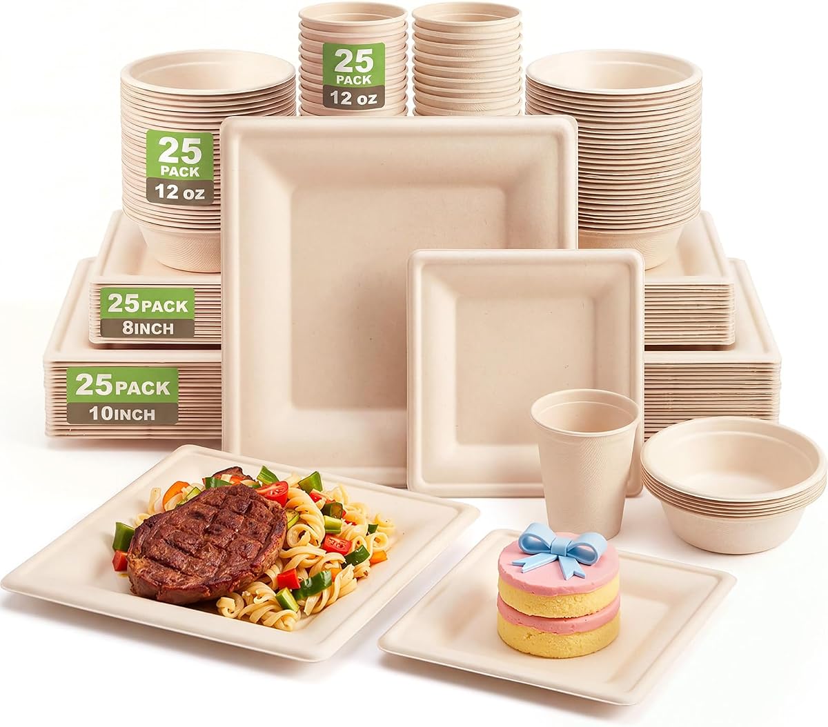 Havawish Juego de 100 platos y tazones de papel compostables para 25 invitados, platos desechables de caña de azúcar resistentes de 10 y 8 pulgadas, vasos y tazones de papel biodegradables de 12 oz, picnic para fiestas y campamentos (beige)
