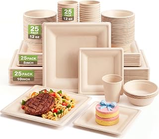 Havawish 100 Pcs Compostable Paper Plates and Bowls Set for 25 Guests, 10in & 8in Heavy Duty Sugarcane Disposable Plates 12 oz Biodegradable Cups and Paper Bowls, Party Camping Picnic(Beige)