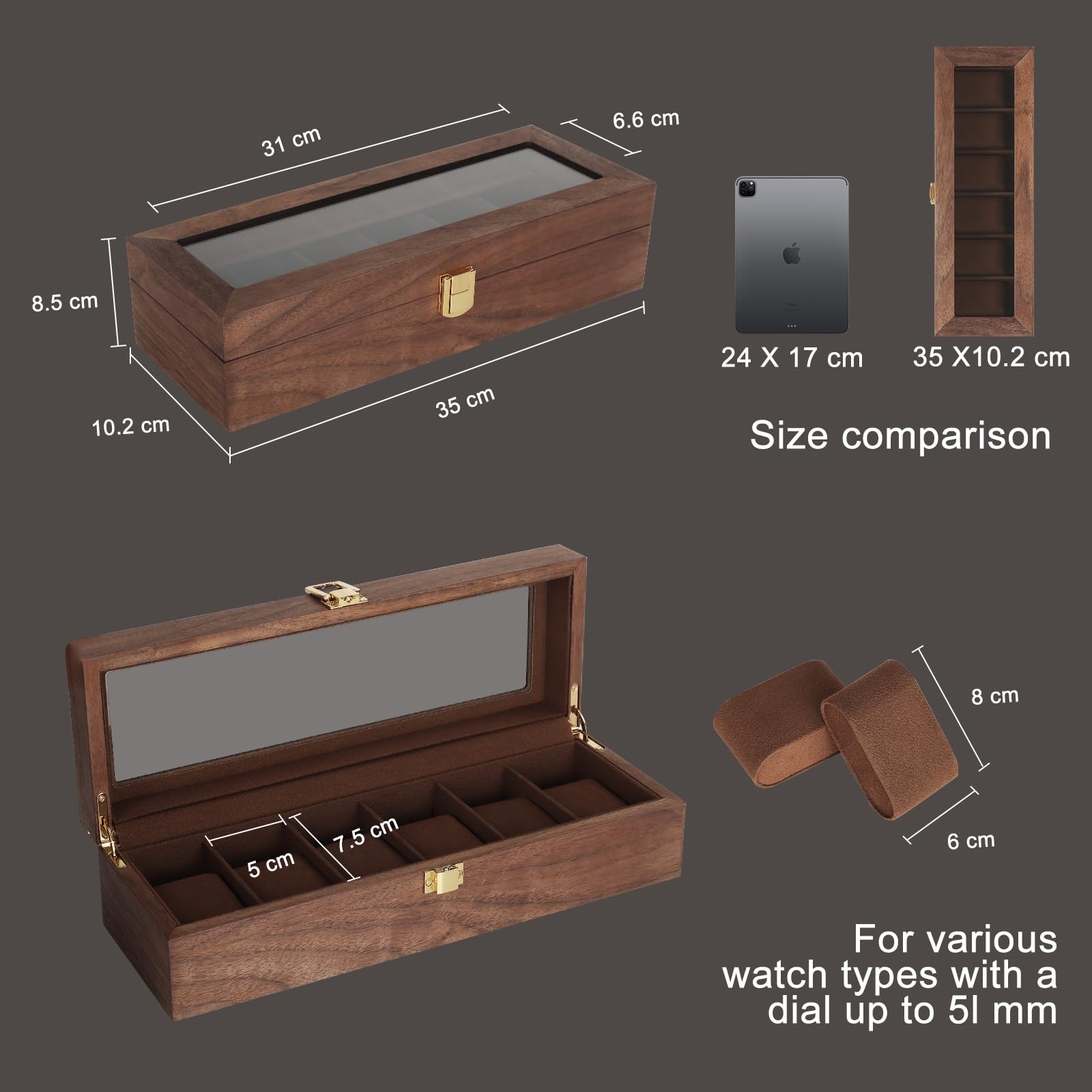 Caja de Relojes con 6 Compartimentos,Caja Relojes de Madera,Estuche de Reloje con Tapa de Cristal,Forro Suave,Cojín Extraíble,Cierre Metálico,Cajas para Reloje para Hombres y Mujeres
