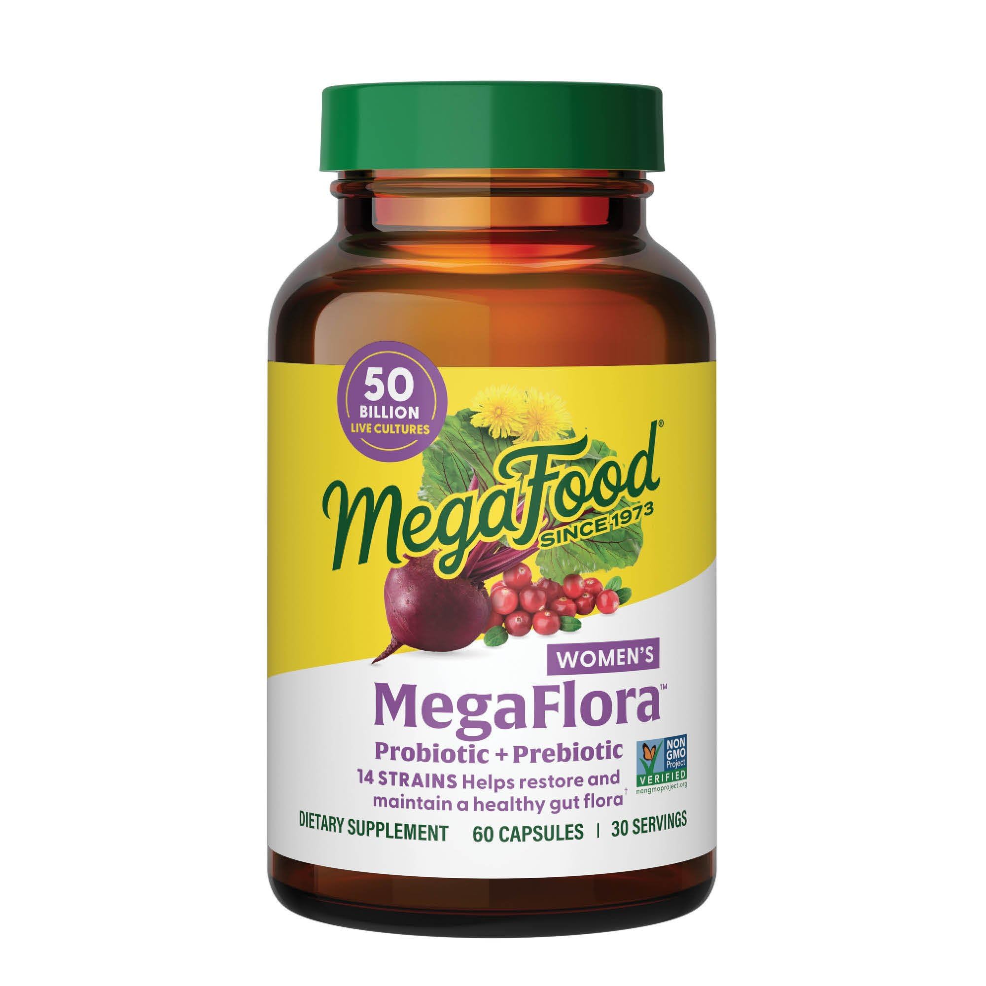 MegaFood MegaFlora Probiotics for Women + Prebiotics - Probiotic with 14 Strains & 50 Billion CFUs - with Cranberry - Vegan & Non-GMO - Made without 9 Food Allergens - 60 Caps (30 Servings)
