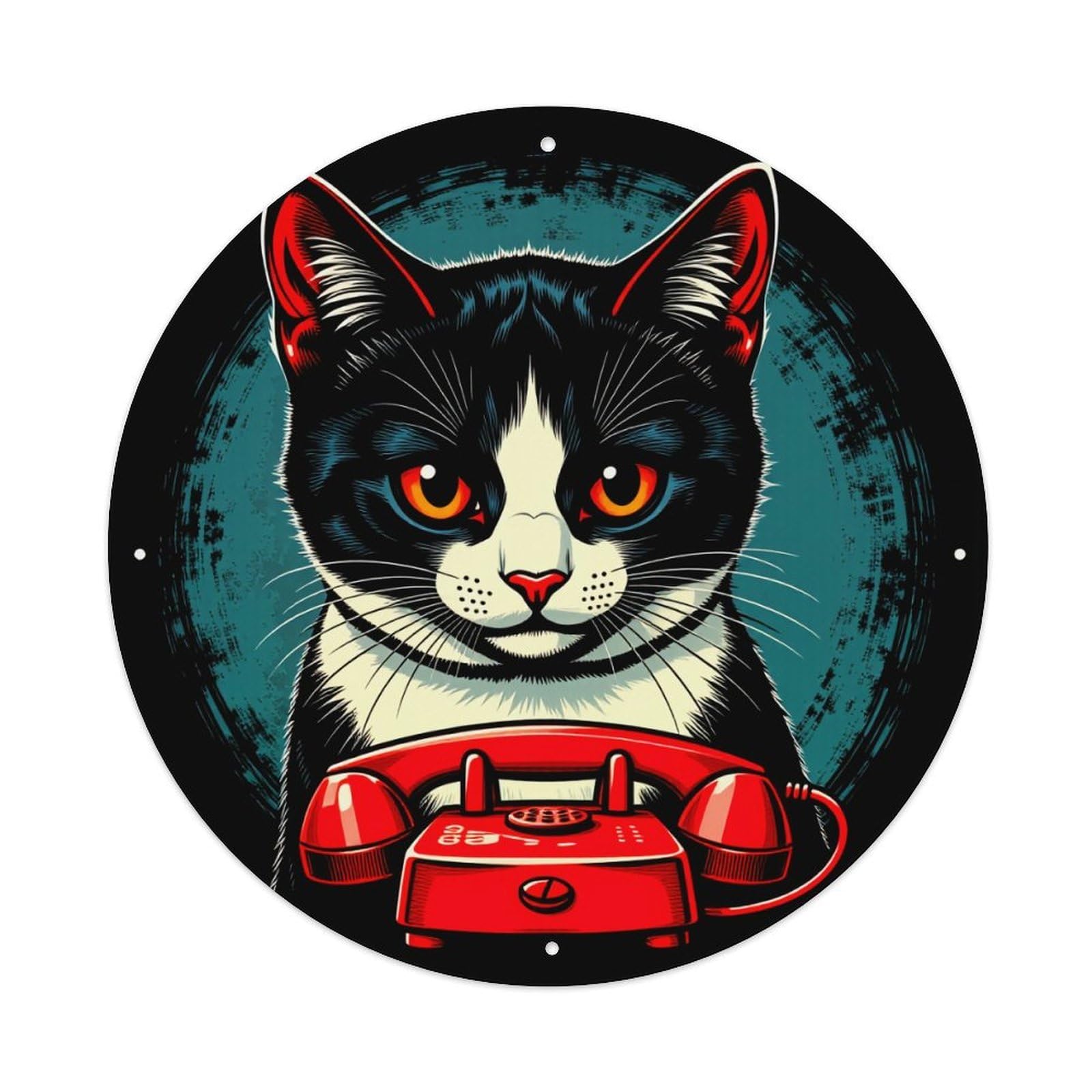 Cat With Red Phone Vintage Metal Tin Sign Retro Wall Decor for Home Bar Garage Cafe, Indoor & Outdoor Decorative，circle Metal Poster, 8x8 Inch