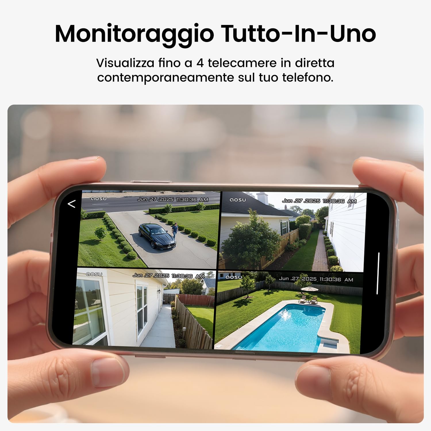 aosu 3K Telecamera WiFi Esterno Senza Fili, Kit 6 Telecamere y aosuBase 2.0 | Senza Abbonamento Richiesto, Archiviazione Locale Espandibile, 360° PTZ Tracciamento Auto AI Persona/Veicolo, Notte a Colori