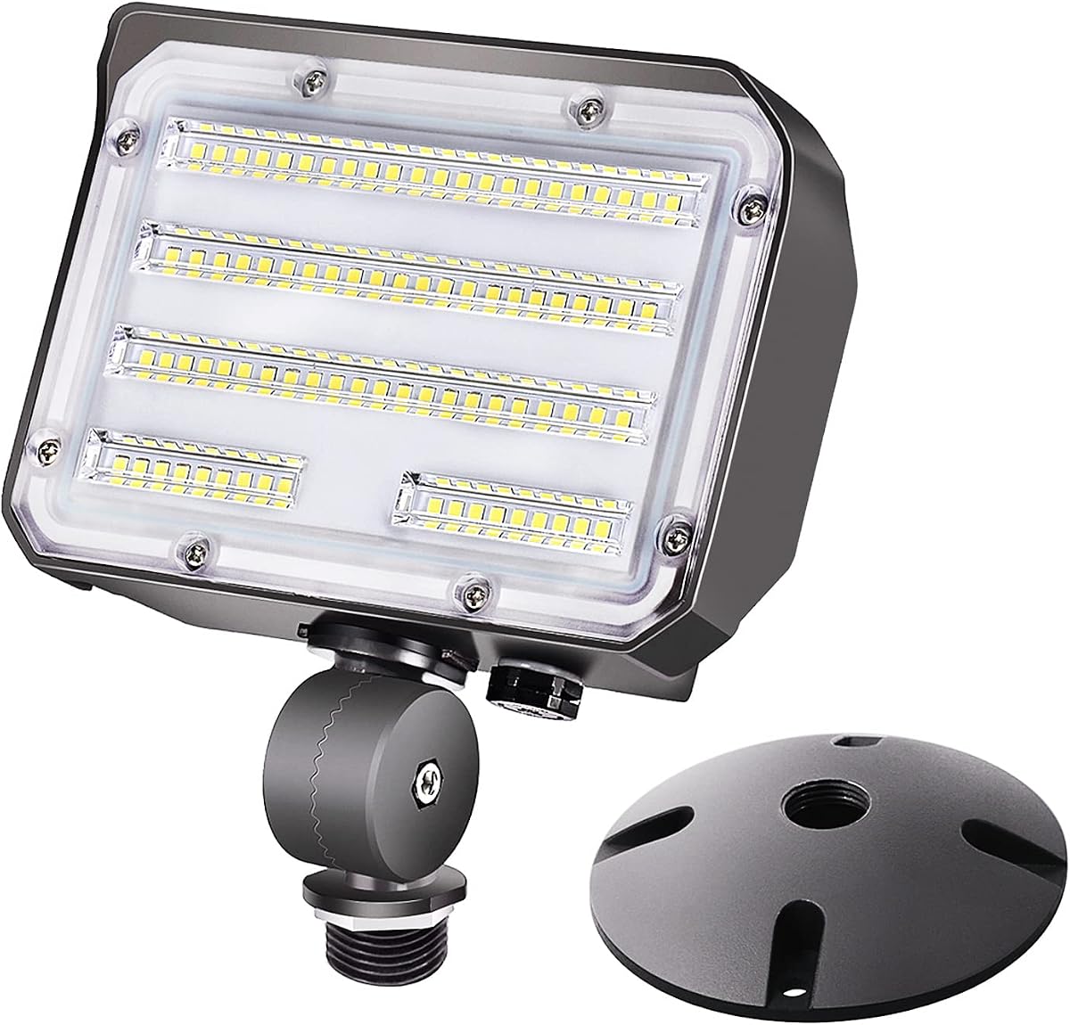 60W LED Flood Light with Knuckle, Outdoor Security Fixture Dusk-to-Dawn Photocell 5000K 7,800lm(300W Equivalent) 100-277V IP65 Waterproof with Base for Wall Mount for Entrance Garden Yard